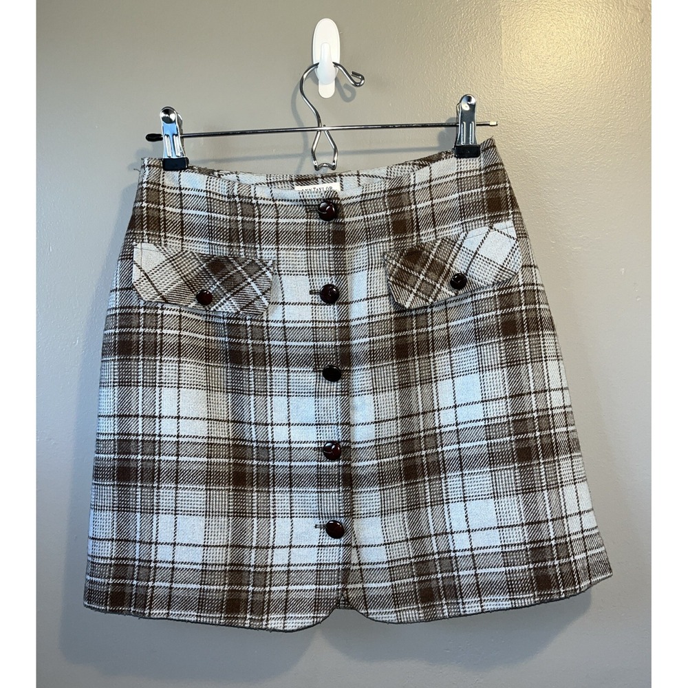 Ann Taylor Loft Wool-Blend Mini Skirt Womens 6 Brown Blue Plaid Button-Front